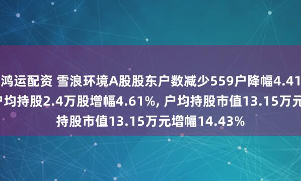 鸿运配资 雪浪环境A股股东户数减少559户降幅4.41%, 流通A股户均持股2.4万股增幅4.61%, 户均持股市值13.15万元增幅14.43%